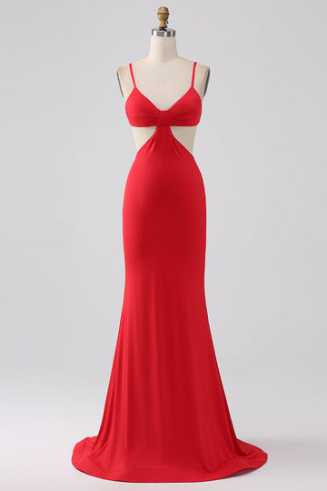 Tirantes finos Vestido de fiesta rojo sin espalda de sirena